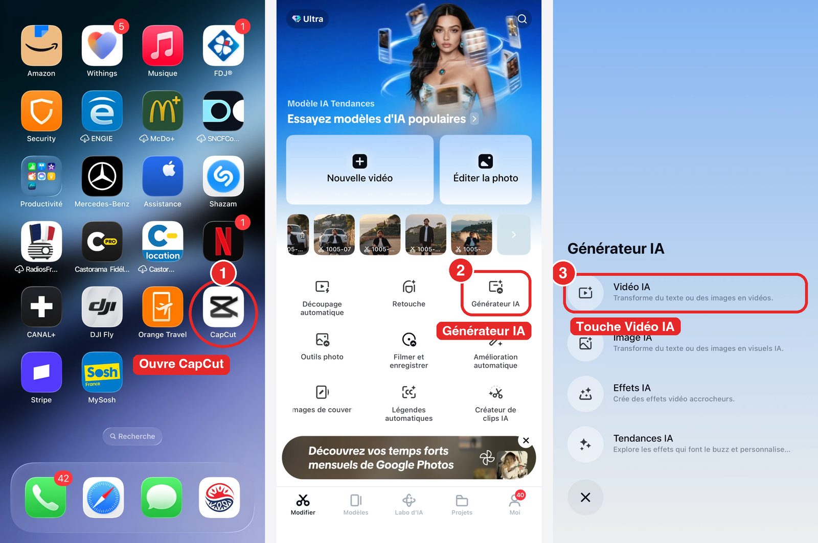 CapCut : ouvrir l'appli, toucher Générateur IA puis Vidéo IA